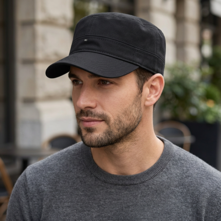 Foto lifestyle de gorra cubana con visera lisa tipo militar color negro marca Nuens